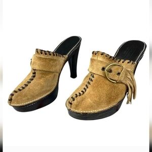 Coach Tan and Black Mules with Fringe